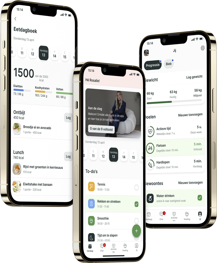 Een mockup van de coaching app die de functies laat zien.